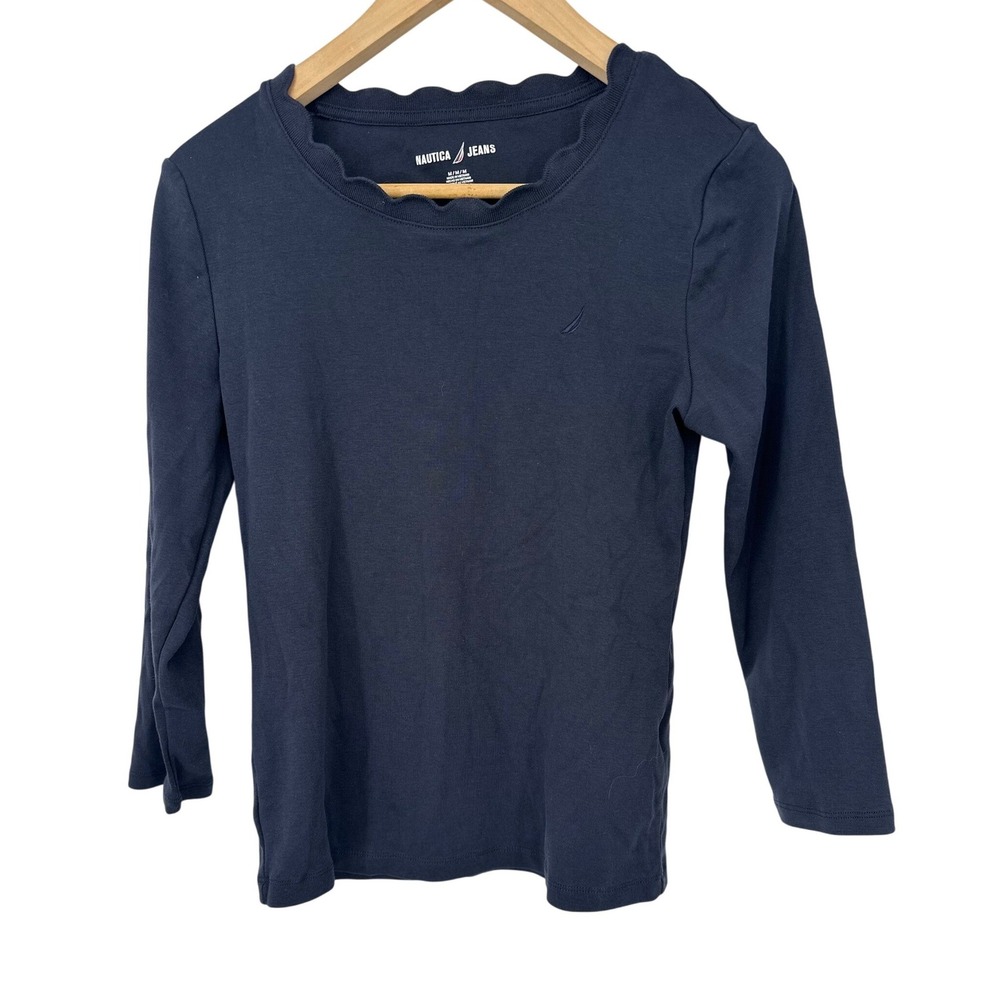 Nautica Jeans Top Womens Medium Navy Blue Scalloped Neck 3/4 Sleeve Minimalist